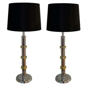 1970s Pair of Chrome and Brass Table Lamps With Black Shades